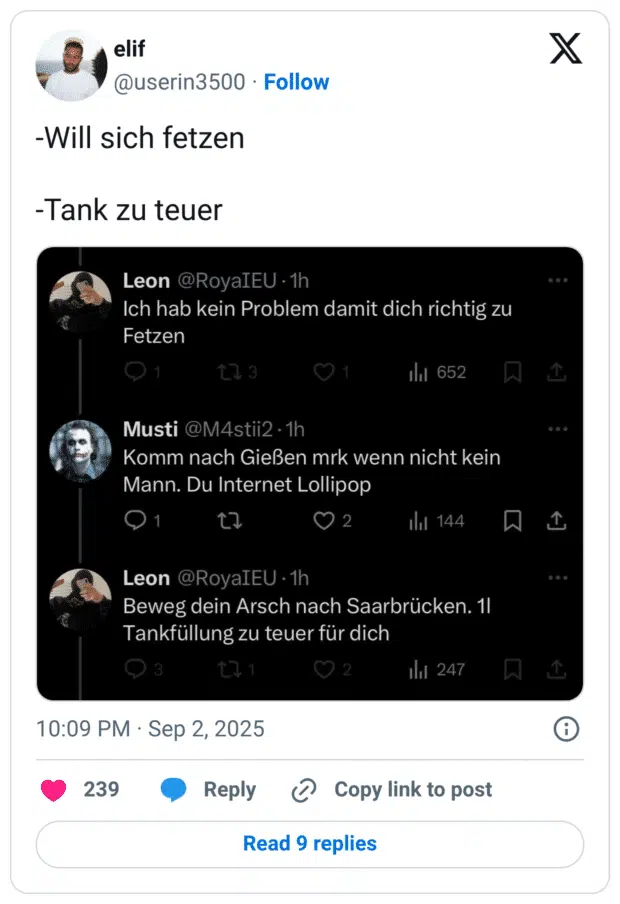 -Will sich fetzen -Tank zu teuer
