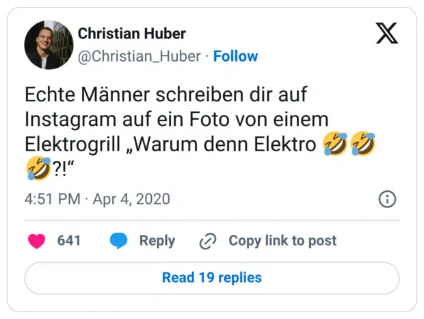 Echte Männer schreiben dir auf Instagram auf ein Foto von einem Elektrogrill „Warum denn Elektro ?!