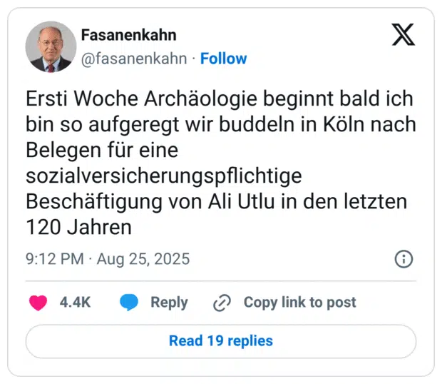 Ersti Woche Archäologie beginnt bald ich bin so aufgeregt wir buddeln in Köln nach Belegen für eine sozialversicherungspflichtige Beschäftigung von Ali Utlu in den letzten 120 Jahren