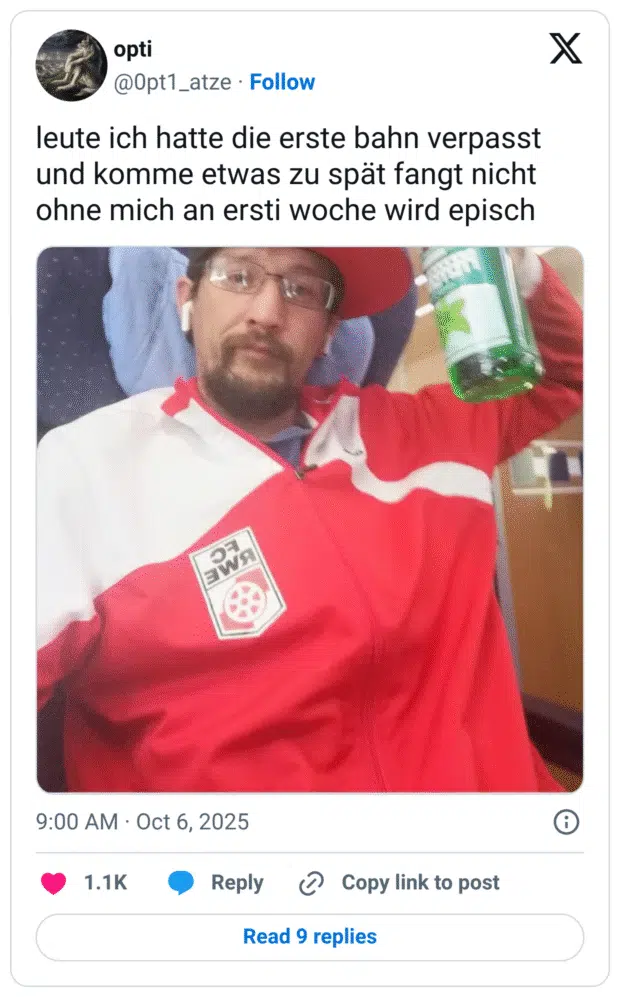 leute ich hatte die erste bahn verpasst und komme etwas zu spät fangt nicht ohne mich an ersti woche wird episch