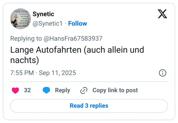 Lange Autofahrten (auch allein und nachts)