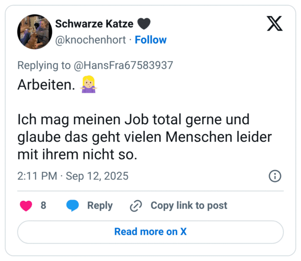 Arbeiten. Ich mag meinen Job total gerne und glaube das geht vielen Menschen leider mit ihrem nicht so.
