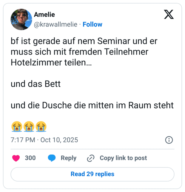 bf ist gerade auf nem Seminar und er muss sich mit fremden Teilnehmer Hotelzimmer teilen... und das Bett und die Dusche die mitten im Raum steht