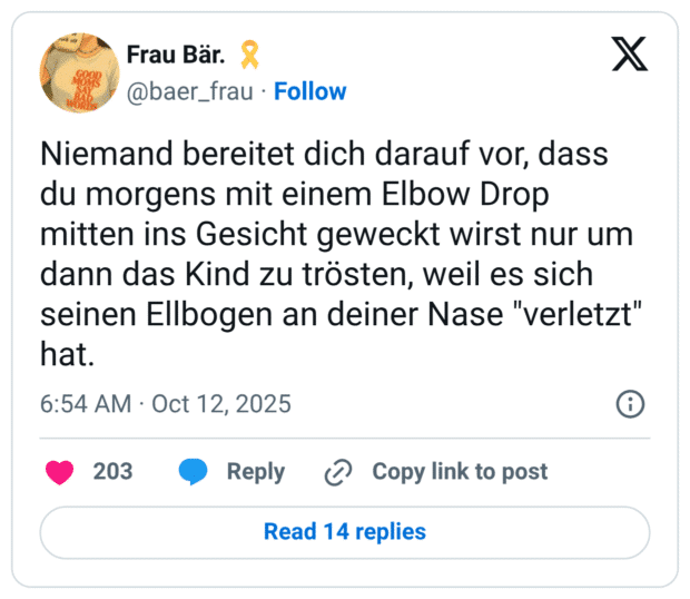 Niemand bereitet dich darauf vor, dass du morgens mit einem Elbow Drop mitten ins Gesicht geweckt wirst nur um dann das Kind zu trösten, weil es sich seinen Ellbogen an deiner Nase "verletzt" hat.