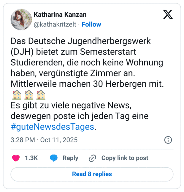 Das Deutsche Jugendherbergswerk (DJH) bietet zum Semesterstart Studierenden, die noch keine Wohnung haben, vergünstigte Zimmer an. Mittlerweile machen 30 Herbergen mit. 🏠🏠🏠 Es gibt zu viele negative News, deswegen poste ich jeden Tag eine #guteNewsdesTages.