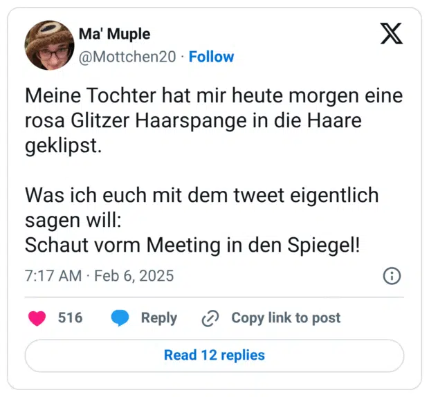 Meine Tochter hat mir heute morgen eine rosa Glitzer Haarspange in die Haare geklipst. Was ich euch mit dem tweet eigentlich sagen will: Schaut vorm Meeting in den Spiegel!