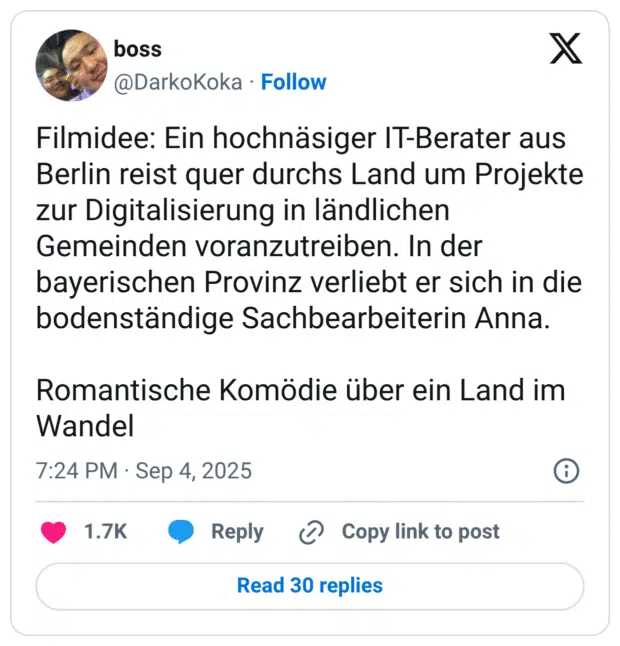 Filmidee: Ein hochnäsiger IT-Berater aus Berlin reist quer durchs Land um Projekte zur Digitalisierung in ländlichen Gemeinden voranzutreiben. In der bayerischen Provinz verliebt er sich in die bodenständige Sachbearbeiterin Anna. Romantische Komödie über ein Land im Wandel