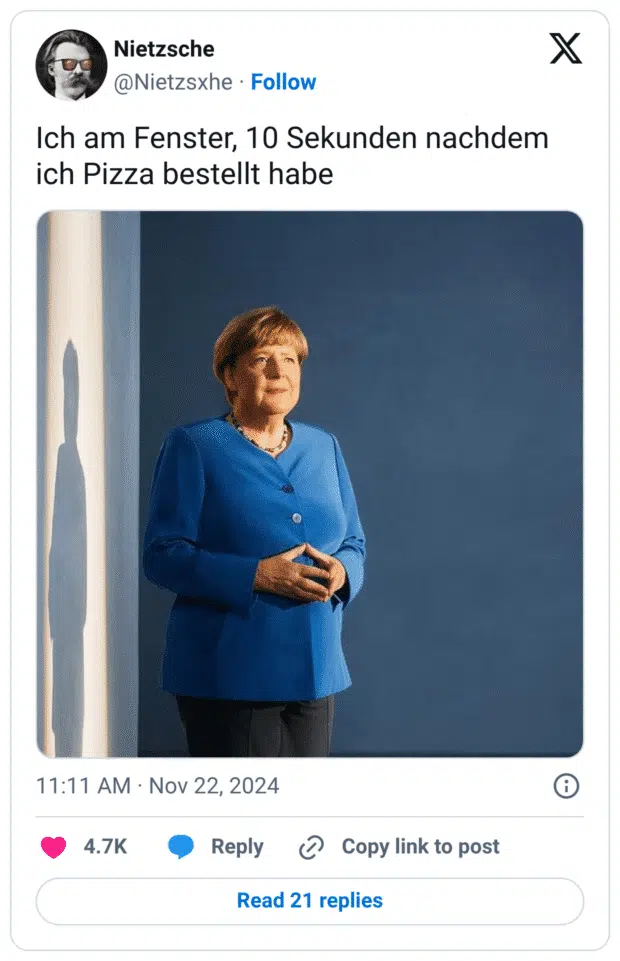 Ich am Fenster, 10 Sekunden nachdem ich Pizza bestellt habe