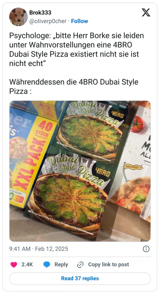 Psychologe: „bitte Herr Borke sie leiden unter Wahnvorstellungen eine 4BRO Dubai Style Pizza existiert nicht sie ist nicht echt“ Währenddessen die 4BRO Dubai Style Pizza :