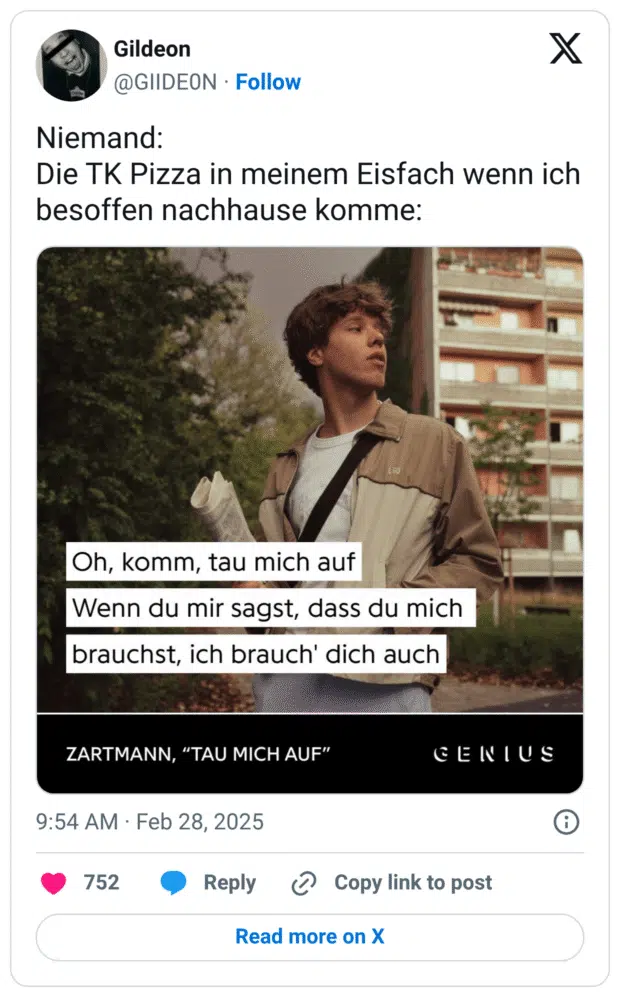 Niemand: Die TK Pizza in meinem Eisfach wenn ich besoffen nachhause komme: