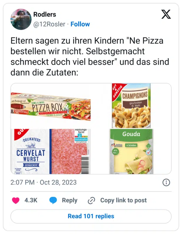 Eltern sagen zu ihren Kindern "Ne Pizza bestellen wir nicht. Selbstgemacht schmeckt doch viel besser" und das sind dann die Zutaten: