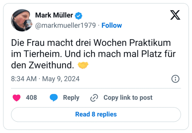 Die Frau macht drei Wochen Praktikum im Tierheim. Und ich mach mal Platz für den Zweithund. 🤝