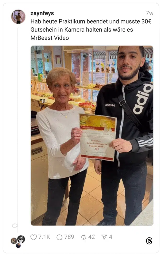 Hab heute Praktikum beendet und musste 30€ Gutschein in Kamera halten als wäre es MrBeast Video