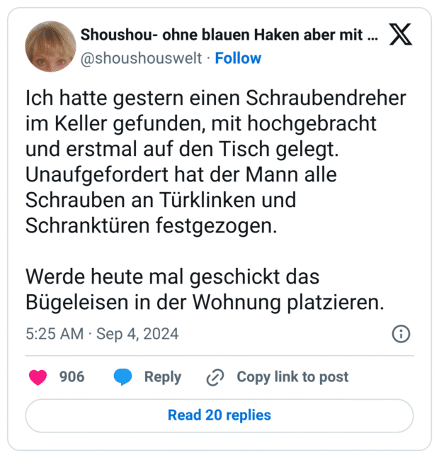 Ich hatte gestern einen Schraubendreher im Keller gefunden, mit hochgebracht und erstmal auf den Tisch gelegt. Unaufgefordert hat der Mann alle Schrauben an Türklinken und Schranktüren festgezogen. Werde heute mal geschickt das Bügeleisen in der Wohnung platzieren.