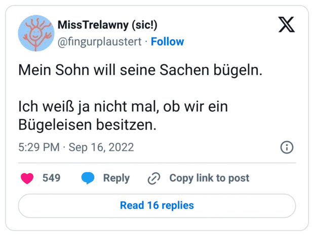 Mein Sohn will seine Sachen bügeln. Ich weiß ja nicht mal, ob wir ein Bügeleisen besitzen.