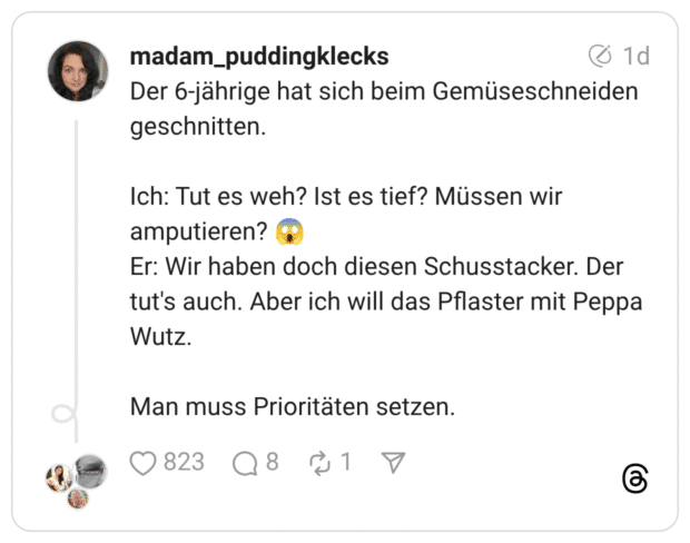 Der 6-jährige hat sich beim Gemüseschneiden geschnitten. Ich: Tut es weh? Ist es tief? Müssen wir amputieren? Er: Wir haben doch diesen Schusstacker. Der tut's auch. Aber ich will das Pflaster mit Peppa Wutz. Man muss Prioritäten setzen.