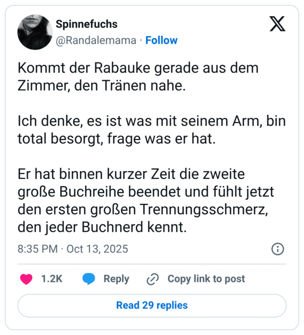 Kommt der Rabauke gerade aus dem Zimmer, den Tränen nahe. Ich denke, es ist was mit seinem Arm, bin total besorgt, frage was er hat. Er hat binnen kurzer Zeit die zweite große Buchreihe beendet und fühlt jetzt den ersten großen Trennungsschmerz, den jeder Buchnerd kennt.