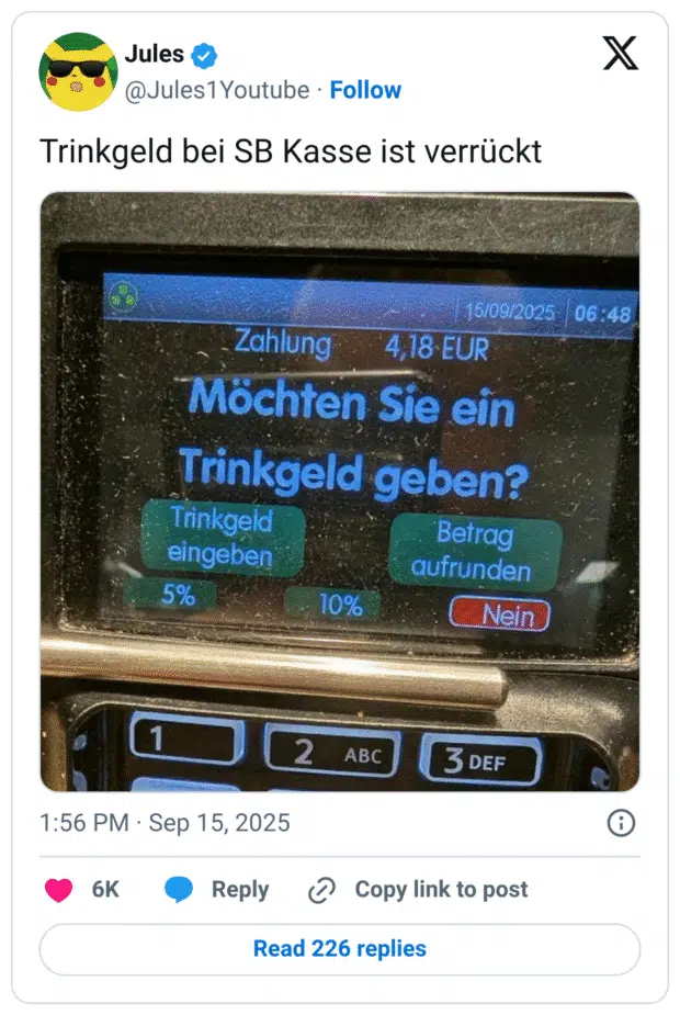 Trinkgeld bei SB Kasse ist verrückt