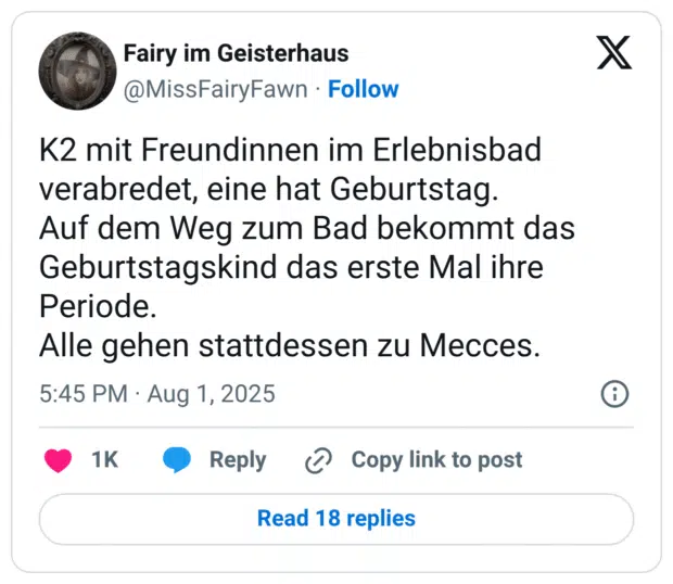 K2 mit Freundinnen im Erlebnisbad verabredet, eine hat Geburtstag. Auf dem Weg zum Bad bekommt das Geburtstagskind das erste Mal ihre Periode. Alle gehen stattdessen zu Mecces.