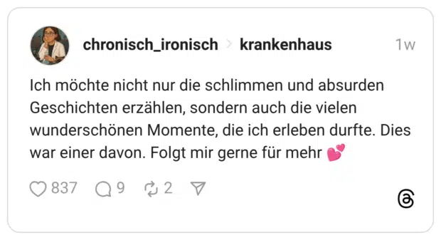 Ich möchte nicht nur die schlimmen und absurden Geschichten erzählen, sondern auch die vielen wunderschönen Momente, die ich erleben durfte. Dies war einer davon. Folgt mir gerne für mehr 💕