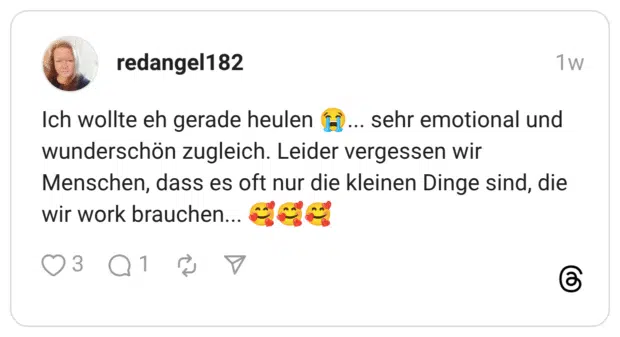 Ich wollte eh gerade heulen 😭... sehr emotional und wunderschön zugleich. Leider vergessen wir Menschen, dass es oft nur die kleinen Dinge sind, die wir work brauchen... 🥰🥰🥰