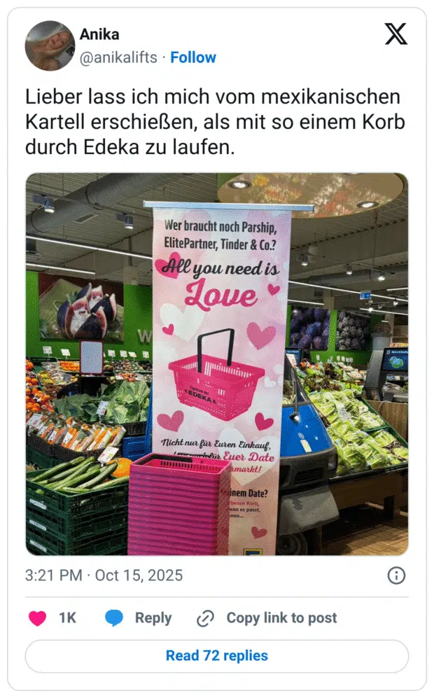 Lieber lass ich mich vom mexikanischen Kartell erschießen, als mit so einem Korb durch Edeka zu laufen.