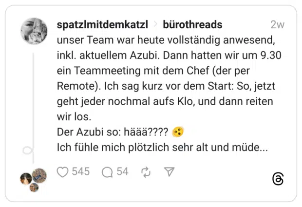 unser Team war heute vollständig anwesend, inkl. aktuellem Azubi. Dann hatten wir um 9.30 ein Teammeeting mit dem Chef (der per Remote). Ich sag kurz vor dem Start: So, jetzt geht jeder nochmal aufs Klo, und dann reiten wir los. Der Azubi so: häää???? Ich fühle mich plötzlich sehr alt und müde...