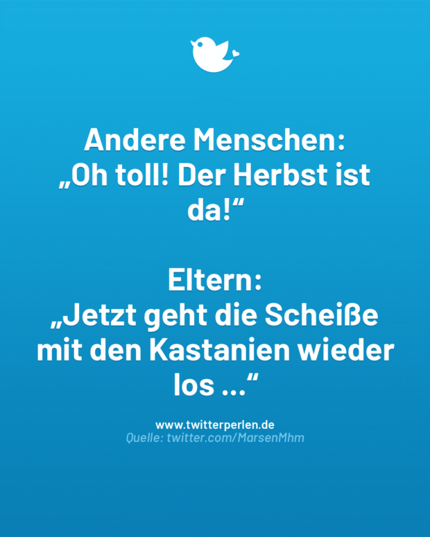 Andere Menschen:
„Oh toll! Der Herbst ist da!“
Eltern:
„Jetzt geht die Scheiße mit den Kastanien wieder los …“