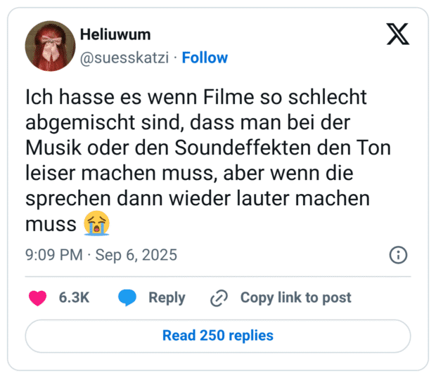 Ich hasse es wenn Filme so schlecht abgemischt sind, dass man bei der Musik oder den Soundeffekten den Ton leiser machen muss, aber wenn die sprechen dann wieder lauter machen muss 😭