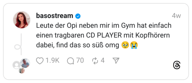 Leute der Opi neben mir im Gym hat einfach einen tragbaren CD PLAYER mit Kopfhörern dabei, find das so süß omg 🥹😭