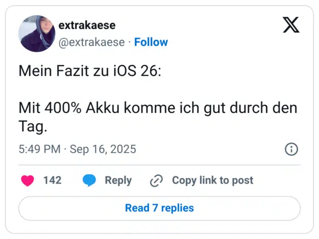 Mein Fazit zu iOS 26: Mit 400% Akku komme ich gut durch den Tag.