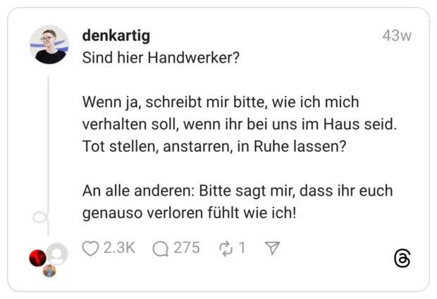 Sind hier Handwerker? Wenn ja, schreibt mir bitte, wie ich mich verhalten soll, wenn ihr bei uns im Haus seid. Tot stellen, anstarren, in Ruhe lassen? An alle anderen: Bitte sagt mir, dass ihr euch genauso verloren fühlt wie ich!