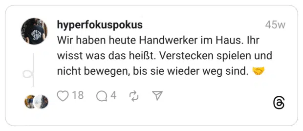 Wir haben heute Handwerker im Haus. Ihr wisst was das heißt. Verstecken spielen und nicht bewegen, bis sie wieder weg sind. :handschlag: