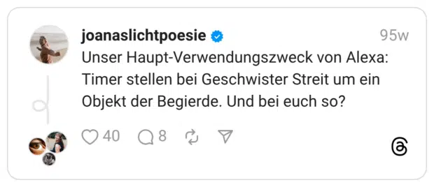 Unser Haupt-Verwendungszweck von Alexa: Timer stellen bei Geschwister Streit um ein Objekt der Begierde. Und bei euch so?