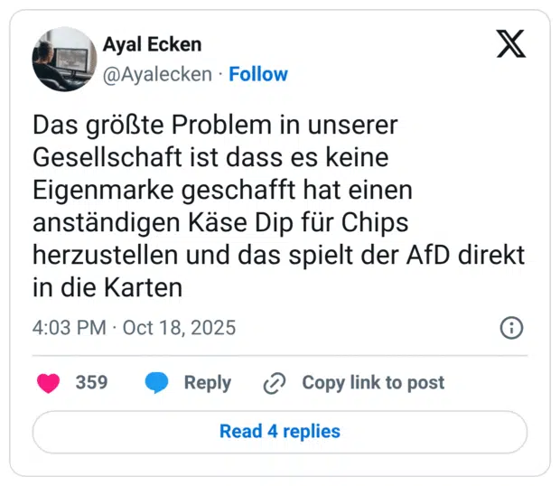 Das größte Problem in unserer Gesellschaft ist dass es keine Eigenmarke geschafft hat einen anständigen Käse Dip für Chips herzustellen und das spielt der AfD direkt in die Karten