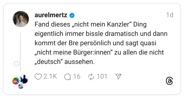 Fand dieses „nicht mein Kanzler" Ding eigentlich immer bissle dramatisch und dann kommt der Bre persönlich und sagt quasi „nicht meine Bürger:innen" zu allen die nicht „deutsch" aussehen.