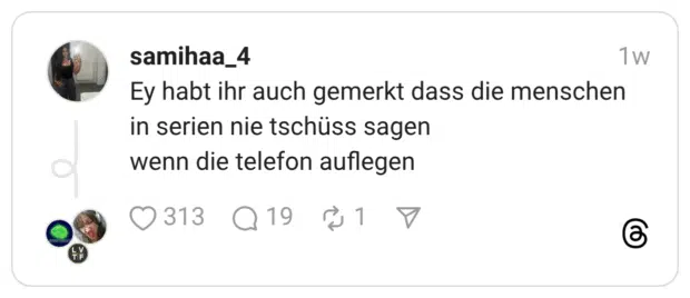 Ey habt ihr auch gemerkt dass die menschen in serien nie tschüss sagen wenn die telefon auflegen