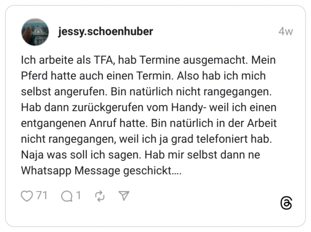 Ich arbeite als TFA, hab Termine ausgemacht. Mein Pferd hatte auch einen Termin. Also hab ich mich selbst angerufen. Bin natürlich nicht rangegangen. Hab dann zurückgerufen vom Handy- weil ich einen entgangenen Anruf hatte. Bin natürlich in der Arbeit nicht rangegangen, weil ich ja grad telefoniert hab. Naja was soll ich sagen. Hab mir selbst dann ne Whatsapp Message geschickt….
