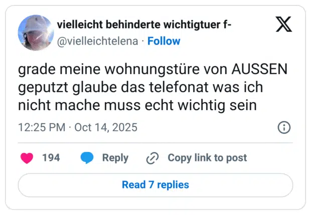 grade meine wohnungstüre von AUSSEN geputzt glaube das telefonat was ich nicht mache muss echt wichtig sein