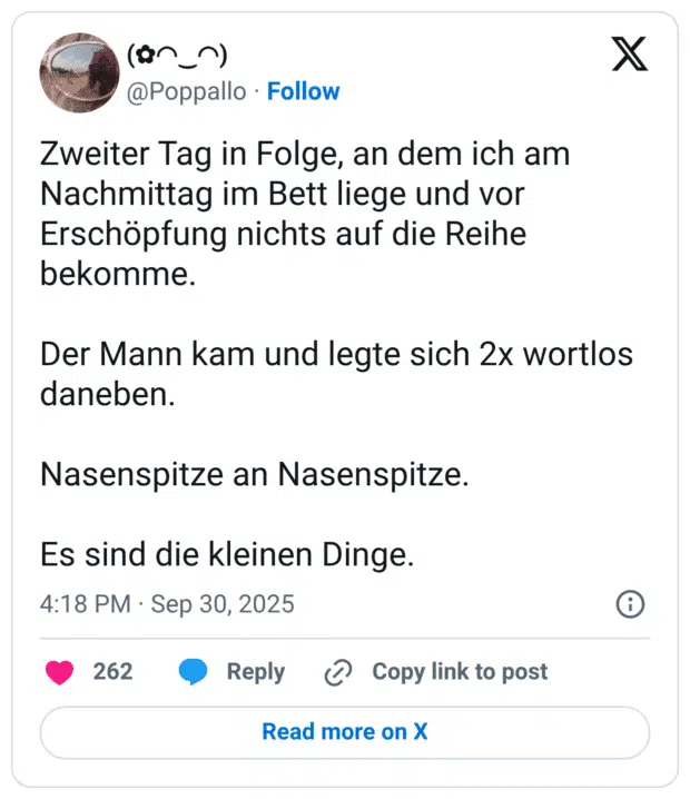 Zweiter Tag in Folge, an dem ich am Nachmittag im Bett liege und vor Erschöpfung nichts auf die Reihe bekomme. Der Mann kam und legte sich 2x wortlos daneben. Nasenspitze an Nasenspitze. Es sind die kleinen Dinge.