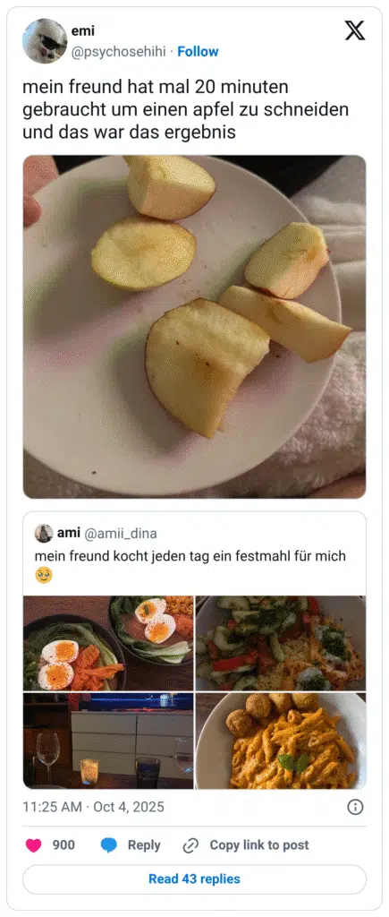 Mein Freund kocht jeden Tag ein Festmahl für mich. Mein Freund hat mal 20 Minuten gebraucht , einen Apfel zu schneiden, und das war das Ergebnis