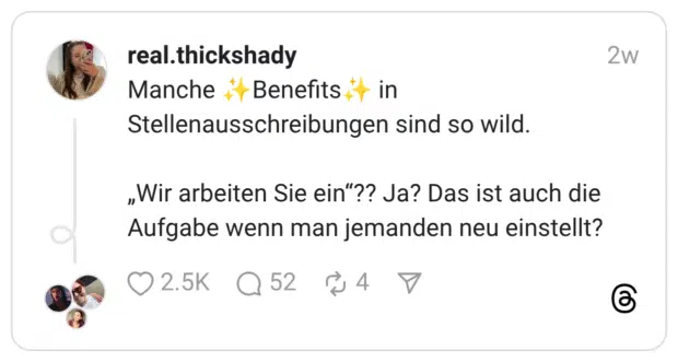 Manche Stellenausschreibungen sind so wild. „Wir arbeiten Sie ein"?? Ja? Das ist auch die Aufgabe wenn man jemanden neu einstellt?