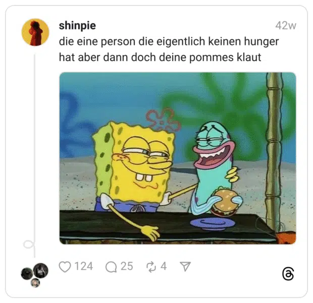 die eine person die eigentlich keinen hunger hat aber dann doch deine pommes klaut