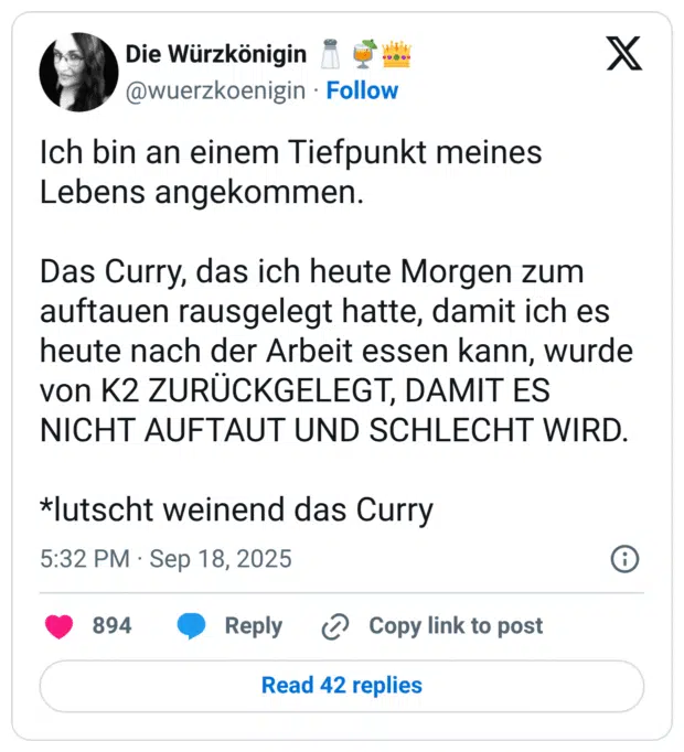 Ich bin an einem Tiefpunkt meines Lebens angekommen. Das Curry, das ich heute Morgen zum auftauen rausgelegt hatte, damit ich es heute nach der Arbeit essen kann, wurde von K2 ZURÜCKGELEGT, DAMIT ES NICHT AUFTAUT UND SCHLECHT WIRD. *lutscht weinend das Curry
