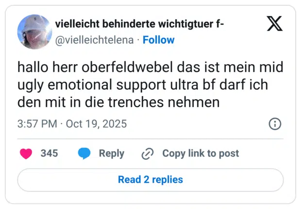 hallo herr oberfeldwebel das ist mein mid ugly emotional support ultra bf darf ich den mit in die trenches nehmen