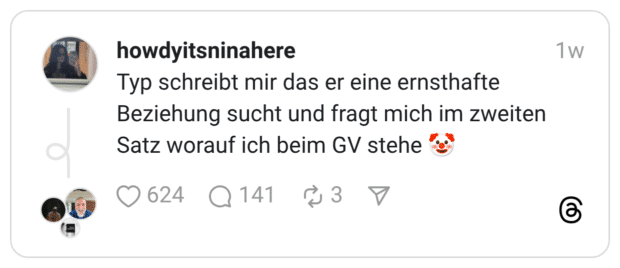 Typ schreibt mir das er eine ernsthafte Beziehung sucht und fragt mich im zweiten Satz worauf ich beim GV stehe 🤡