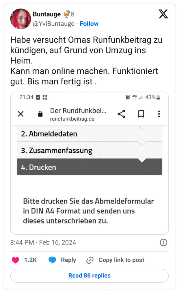 Habe versucht Omas Runfunkbeitrag zu kündigen, auf Grund von Umzug ins Heim. Kann man online machen. Funktioniert gut. Bis man fertig ist .