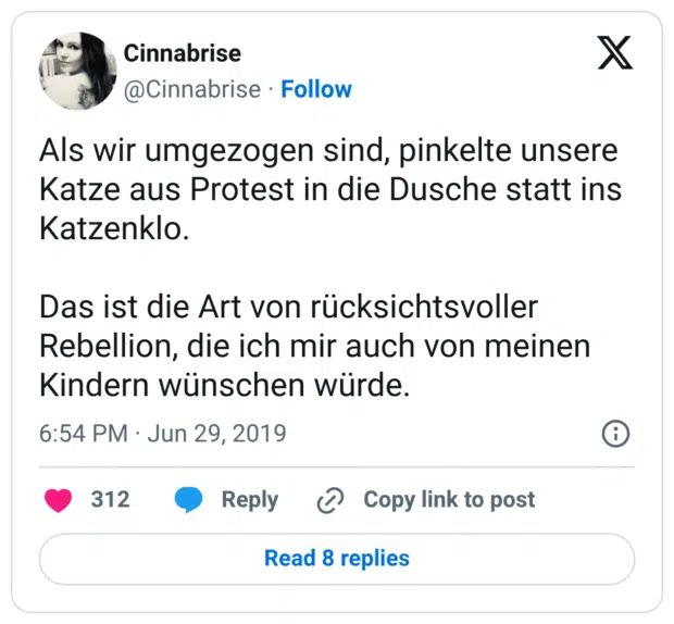 Als wir umgezogen sind, pinkelte unsere Katze aus Protest in die Dusche statt ins Katzenklo. Das ist die Art von rücksichtsvoller Rebellion, die ich mir auch von meinen Kindern wünschen würde.