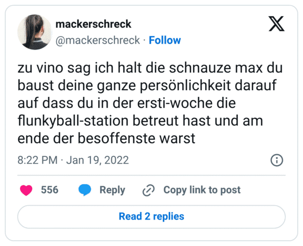 zu vino sag ich halt die schnauze max du baust deine ganze persönlichkeit darauf auf dass du in der ersti-woche die flunkyball-station betreut hast und am ende der besoffenste warst