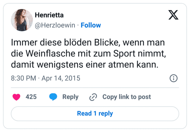 Immer diese blöden Blicke, wenn man die Weinflasche mit zum Sport nimmt, damit wenigstens einer atmen kann.